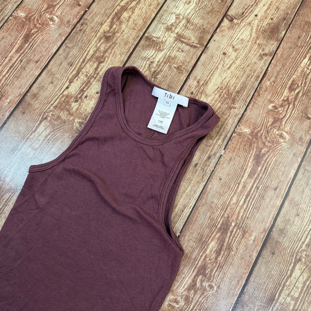 Tibi Ribbed Racerback Tank Top Womens Extra Small Burgundy Stretch Knit